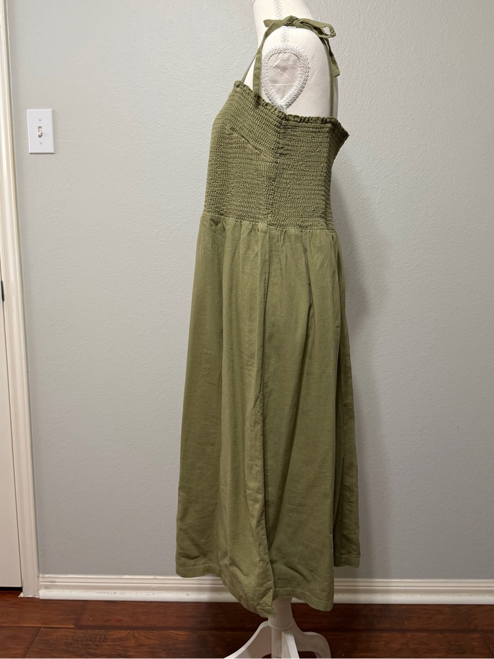 Gap Olive Green Smocked Midi Dress Tie Straps Large XL Sundress Comfy Casual F - Picture 5 of 15